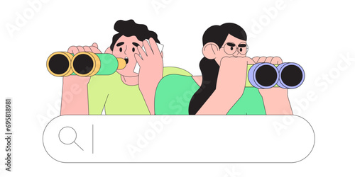 Curious man and woman looking through binoculars. Business team metaphor for search or research, development, web surfing. Trendy outline characters flat vector illustration for web or ui design.