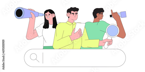Concept of people searching for decisions, opportunities, new business ideas or staff. Team looking into future choosing direction of development. Flat vector character illustration isolated on white.