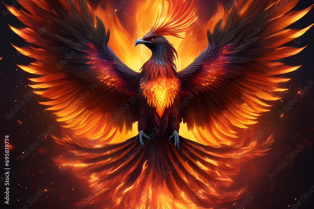 A phoenix enveloped in flames, with vibrant orange and yellow colors on dark background A phoenix enveloped in flames, with vibrant orange and yellow colors on dark background