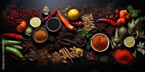 food items and spices arranged in a dark background, in the style of poster, chalky, chalk © Mahenz