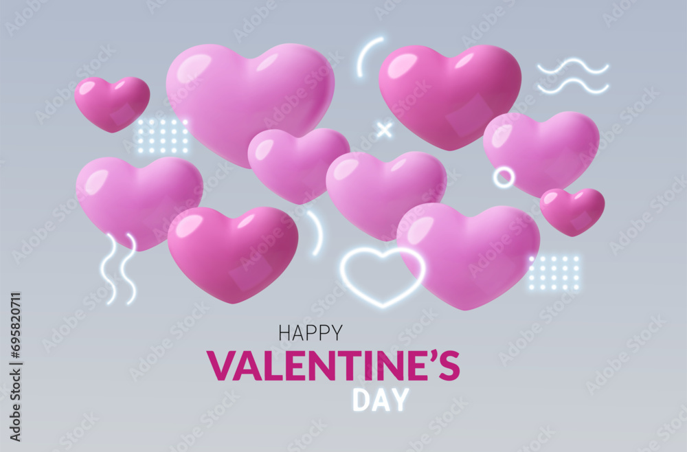 Valentine's Day greeting card with 3D pink hearts and neon abstract decorations. Modern three dimensional holiday banner design for February 14. Vector illustration.