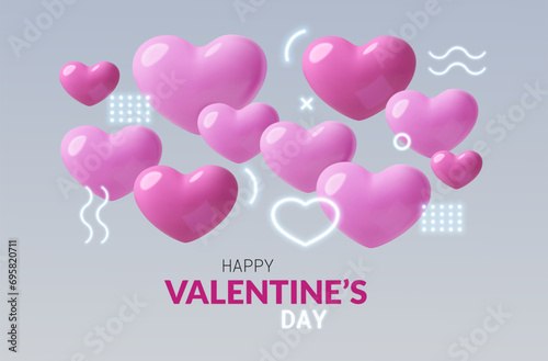 Valentine's Day greeting card with 3D pink hearts and neon abstract decorations. Modern three dimensional holiday banner design for February 14. Vector illustration.