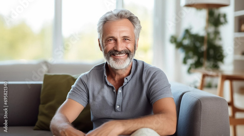 copy space, stockphoto, middle aged man sitting on sofa at home, single mature senior in living room. Happy man sitting. Carefree lifestyle. Aged man in good health.