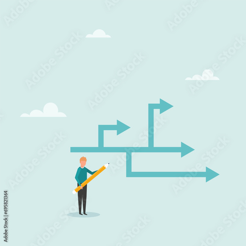 Planning backup concepts or options, various solutions and options as successful preparation for future risks. Vector illustration. The guy is standing with a pencil.
