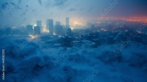 Dark clouds of snowstorm gathering downtown, aerial view of a city