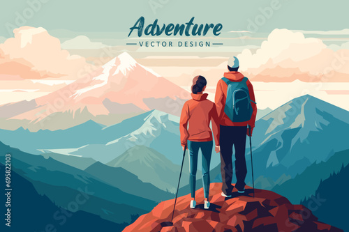 couple stand on cliff on mountain view vector illustration