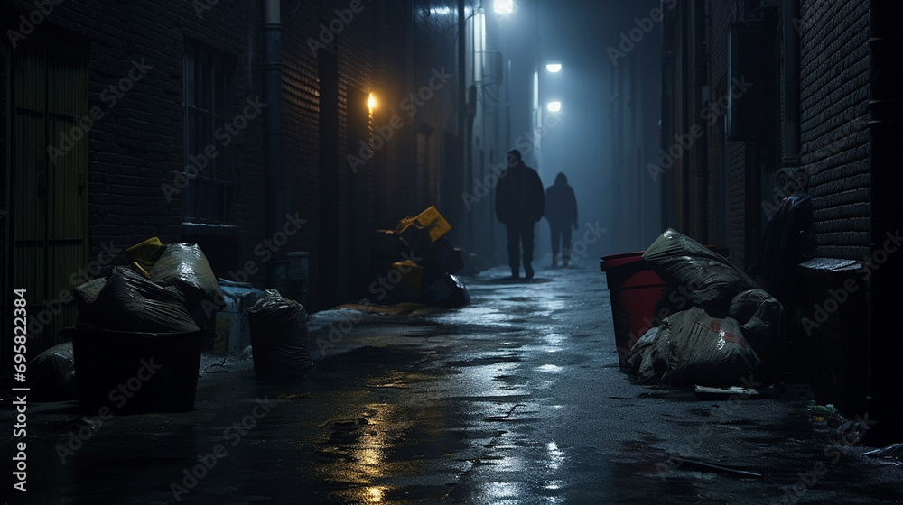 Two people in an alley with garbage at night