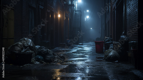 Alley with garbage at night
