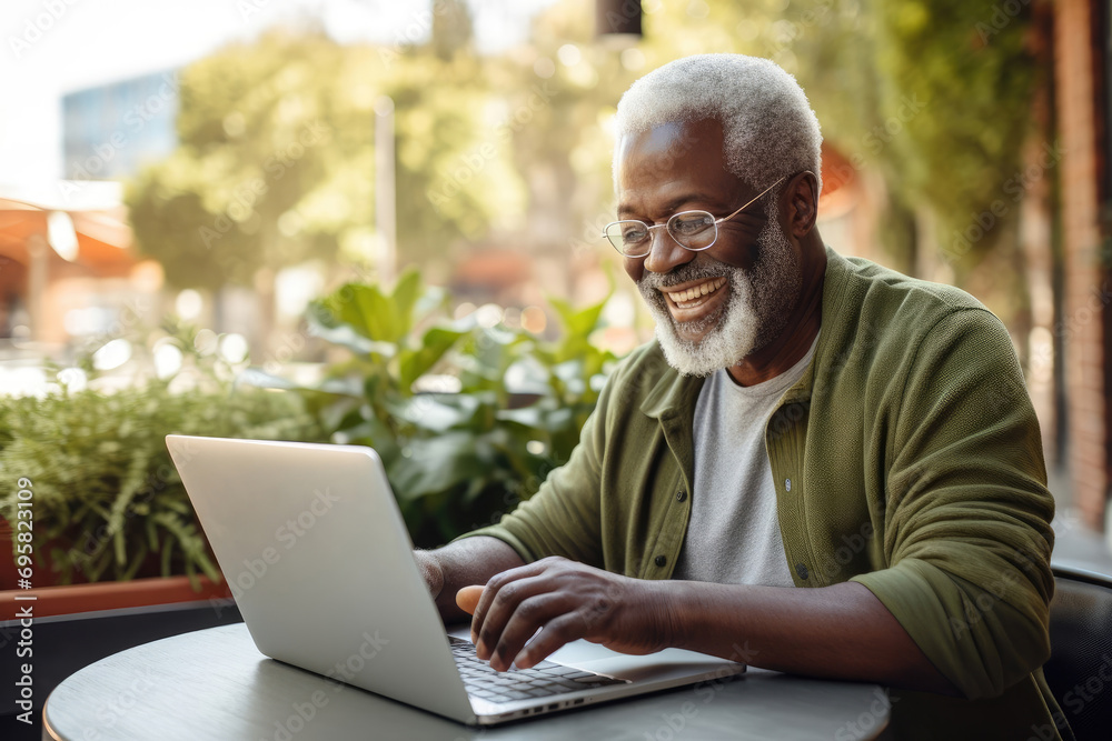 Smiling elderly black man working on laptop at desk
