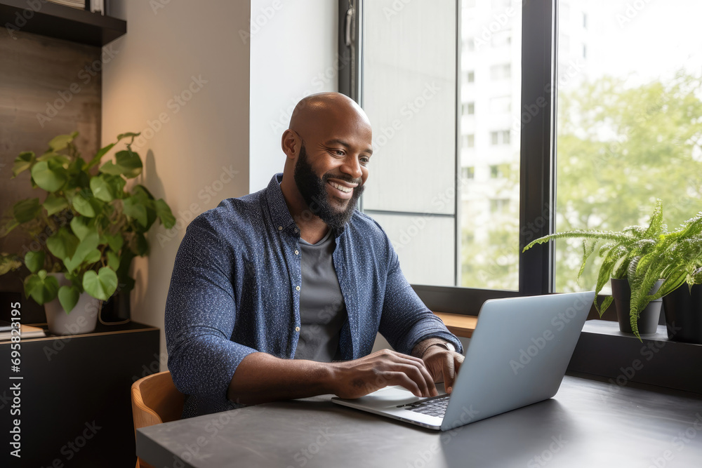 smiling adult black man working on a laptop at a table in a modern apartment smiling adult black man working on a laptop at a table in a modern apartment
