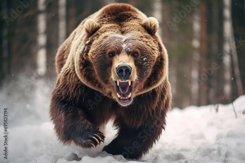 A big brown bear runs in the snowy forest in winter, looking at the camera photo