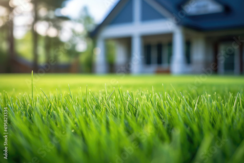 Beautiful green lawn close-up against the backdrop of a private residential building