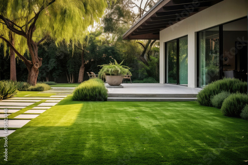 groomed beautiful neat lawn in the courtyard of a private house photo