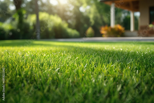 Beautiful green grass lawn closeup in the yard of a house photo