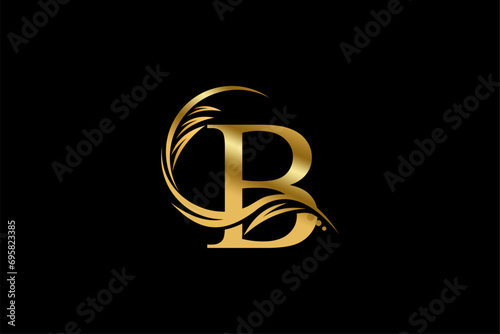 Gold letter B logo design with beautiful leaf, flower and feather ornaments. initial letter B. monogram B flourish. suitable for logos for boutiques, businesses, companies, beauty, offices, spas, etc