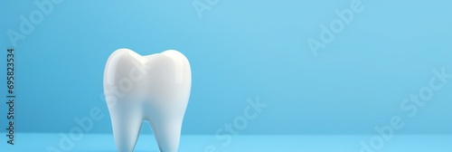 Banner with white tooth. Oral hygiene, dental care, stomatology concept on blue background. Copy space. Dental health concept. Dentist day, National False Teeth Day, Stomatology Day. Panoramic