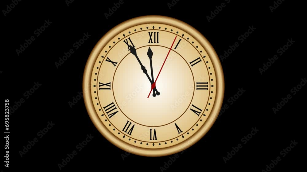 Animated countdown roman numeral wall clock leading to 00:00, 24:00, 12:00 midnight change of day. with transparent background (RGB + Alpha).