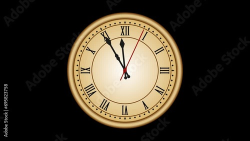 Animated countdown roman numeral wall clock leading to 00:00, 24:00, 12:00 midnight change of day. with transparent background (RGB + Alpha).