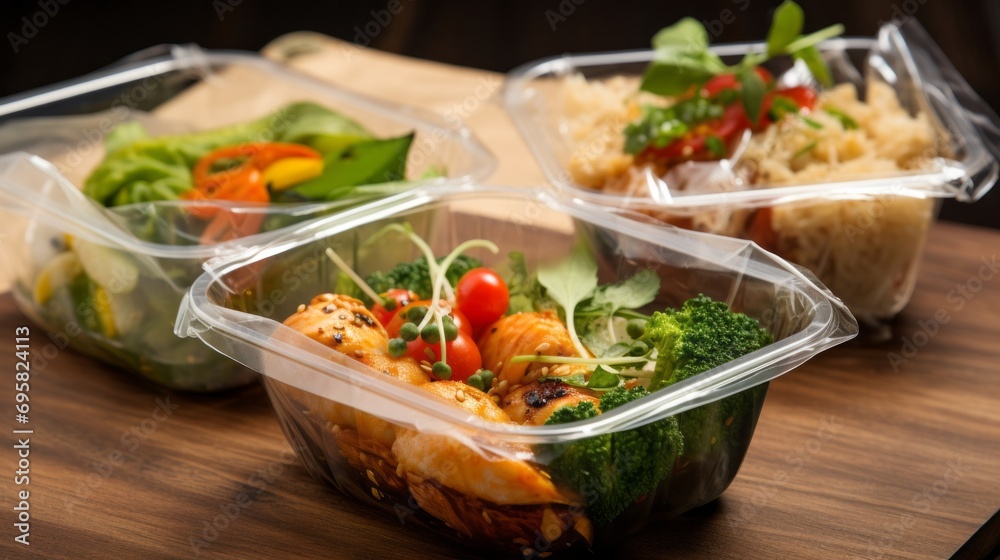 vibrant modern thai cuisine: colorful lunch boxes in plastic packaging vibrant modern thai cuisine: colorful lunch boxes in plastic packaging
