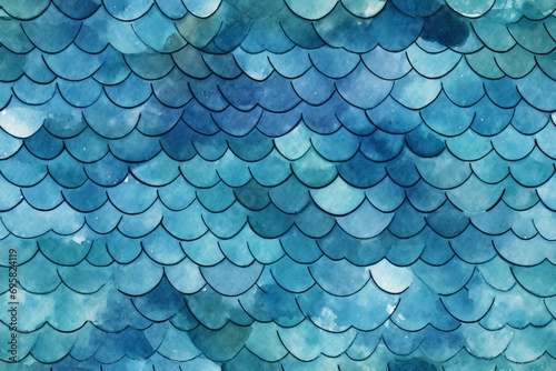 Image closeup of a metal fish scale design in shades of blue and aqua