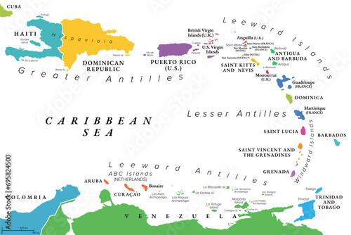 Lesser Antilles of the Caribbean, multicolored political map. Group of islands between Greater Antilles and South America. Divided into the Leeward Islands, Windward Islands, and the Leeward Antilles.