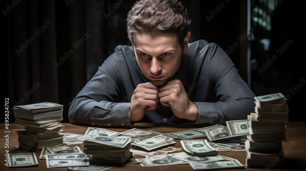 Obraz premium Man looks worriedly at banknotes on table, inflation, ai generative 