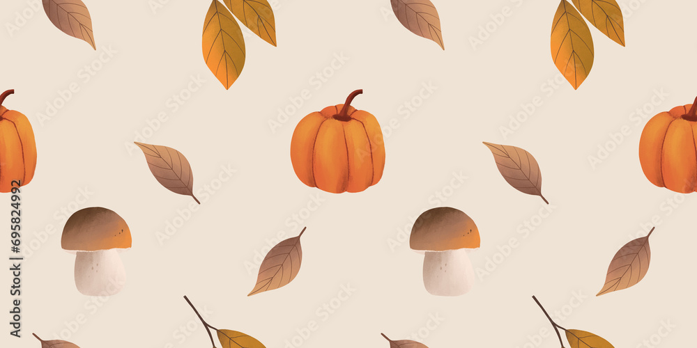 Autumn seamless pattern. Forest autumn pattern with leaves, mushroom and pumpkin. Autumn seamless pattern. Forest autumn pattern with leaves, mushroom and pumpkin.