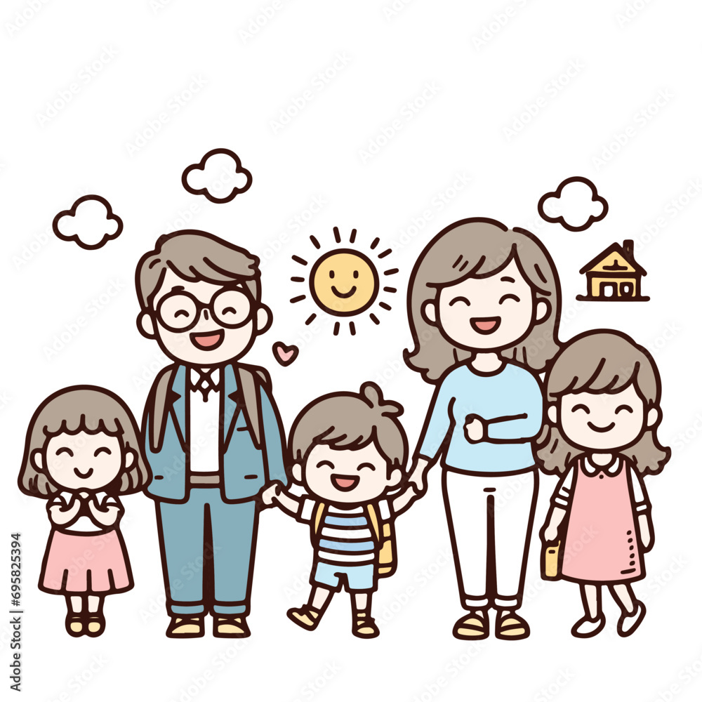 Happy young family. Hand drawn style vector design illustrations.