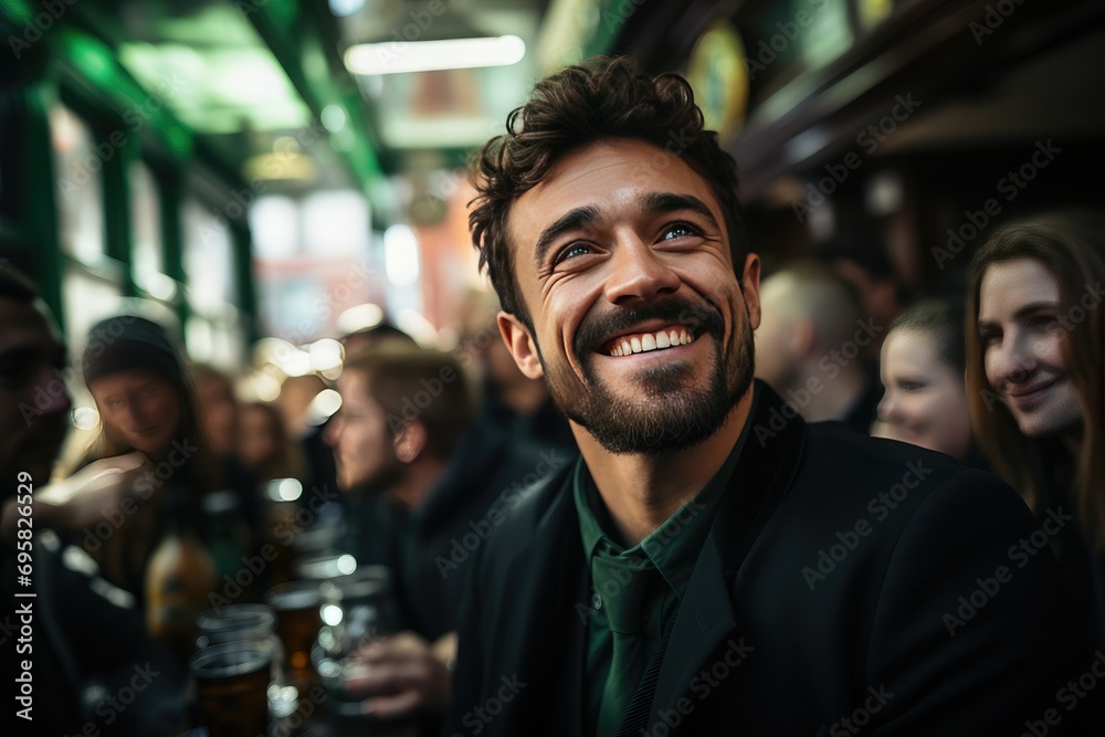 Portrait of a young man in green clothes with a beard, smiling, sitting in a pub with friends celebrating a traditional Irish holiday - St. Patrick's Day - obrazy, fototapety, plakaty 