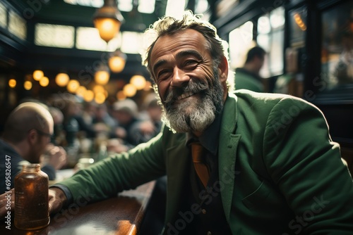 Portrait of an elderly happy man in green clothes with a beard, smiling, sitting in a pub with friends celebrating a traditional Irish holiday - St. Patrick's Day.