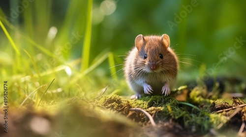 Field vole or short-tailed vole eating berry in natural habitat green forest. Generative AI.