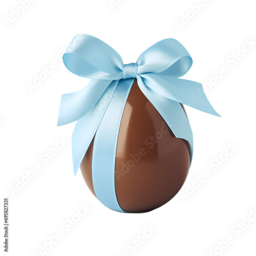 Chocolate egg with light blue ribbon isolated on transparent background