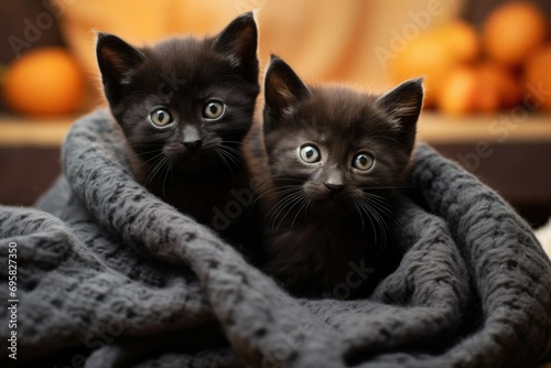 Cute black kittens lying in a plaid in a cozy setting
