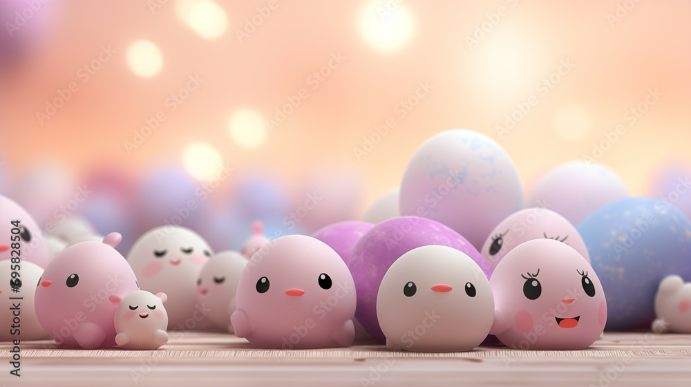 A group of Easter eggs with faces sitting on a table. A group of Easter eggs with faces sitting on a table.