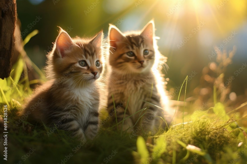 Obraz premium cute striped kittens sitting on a green lawn, backlit. cats ai