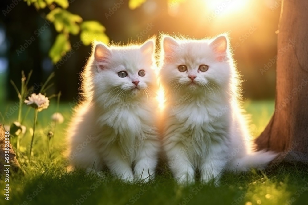 cute white fluffy kittens sitting on a green lawn, backlit. cats ai
