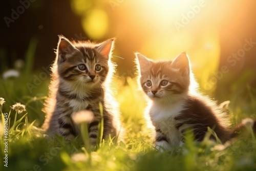 cute striped kittens sitting on a green lawn, backlit. cats ai © zozo