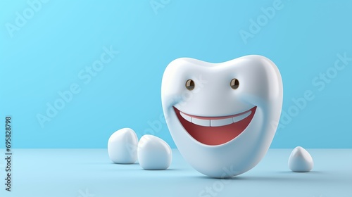 A 3D rendering of a tooth with a smiley face on a blue background. 