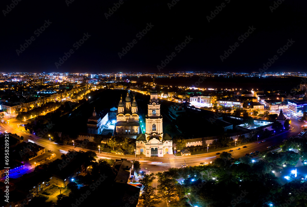 Astrakhan, Russia. Astrakhan Kremlin. Assumption Cathedral and the Bell Tower of the Astrakhan Kremlin. Aerial view at night