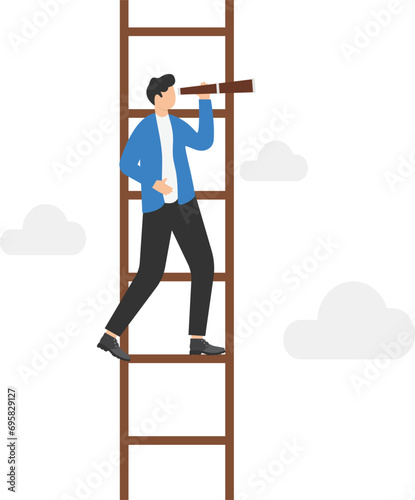 Business vision concept. Businessman standing on the ladder holding telescope looking into a distance

