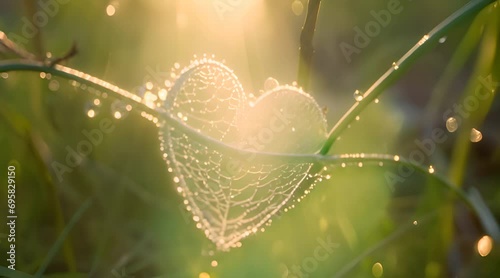 Morning dew heart. Spider web in shape of heart during beautiful calm sunset or sunrise at summer day. Sunbeams Sunlight. Happy Valentines day, Mothers Day, love nature, charity, ecological concept.