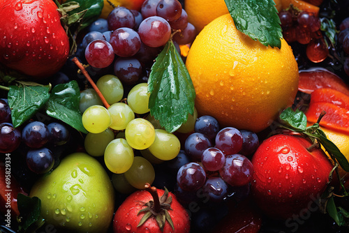 Fruits abstract background with water drops. Generative AI