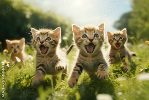 kittens frolicking on the lawn. funny kittens.  ai cats. the striped kittens are running © zozo