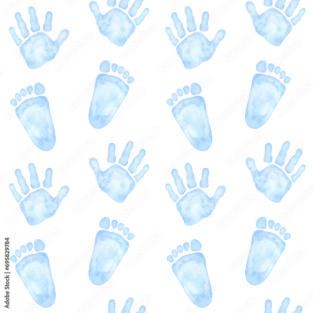 Seamless pattern little blue palm, handprint, footprint. Baby shower, gender reveal party, design invitation. Boy or girl. Hand drawn watercolor illustration isolated background.