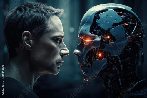 Robot Face Opposite Human Face.  artificial intelligence