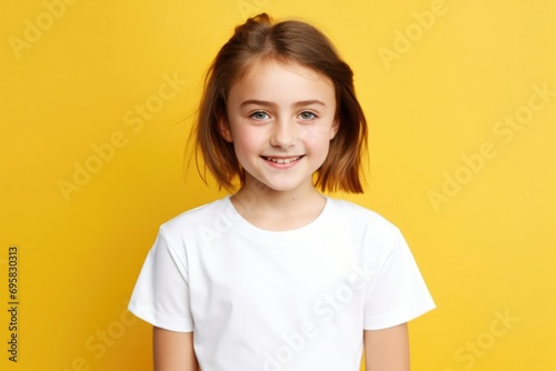 Child girl on a yellow background. A girl smiles at the camera in a white T-shirt.