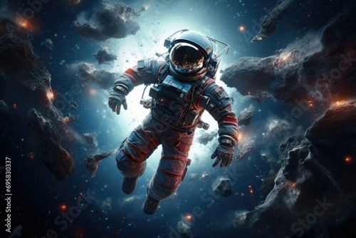 Cosmonaut in space. People in space. Astronaut in spacesuit on the background of space