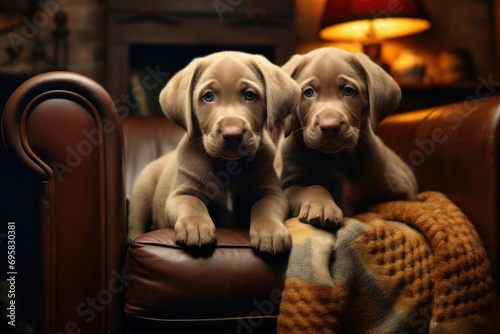 Labrador puppies lie in a cozy interior. ai puppies
