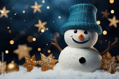 Toy snowman on a blue background with snow and Christmas balls. New Year banner, postcard