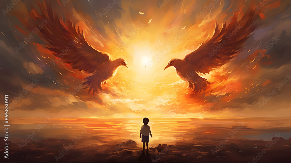 The child looking at the phoenix bird flying